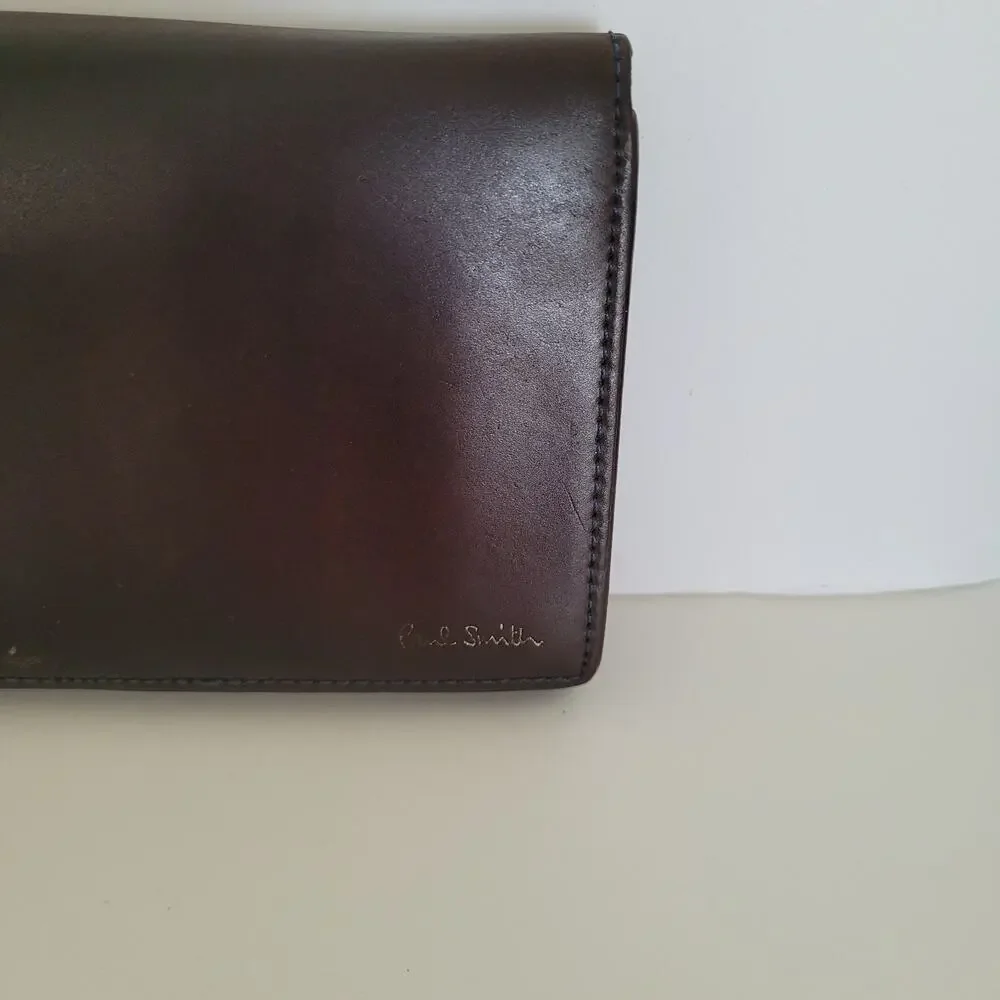 Paul Smith Designer Checkbook Card Bill Holder Wallet Brown Blue Bifold Leather